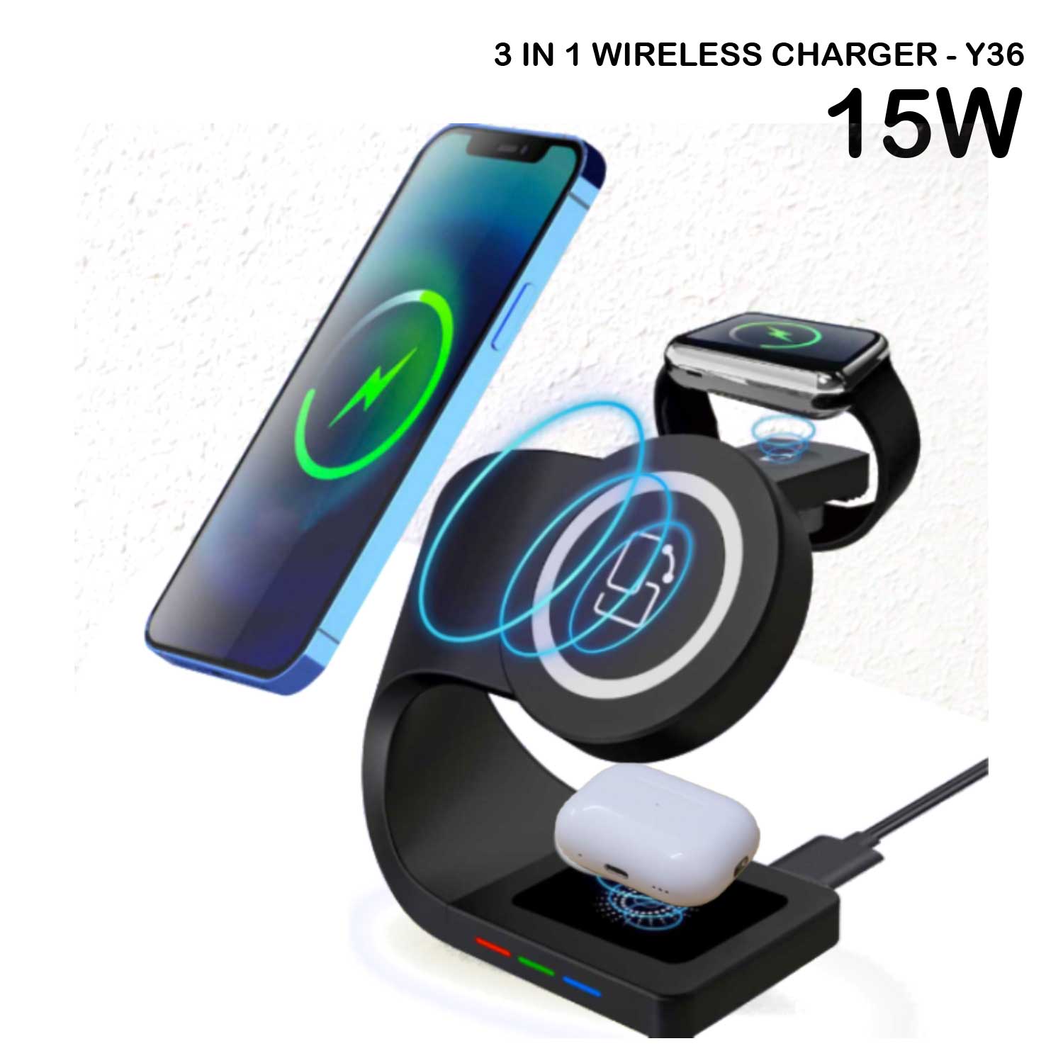 3 in 1 Wirelss Charger 15W B&W Model: Y36