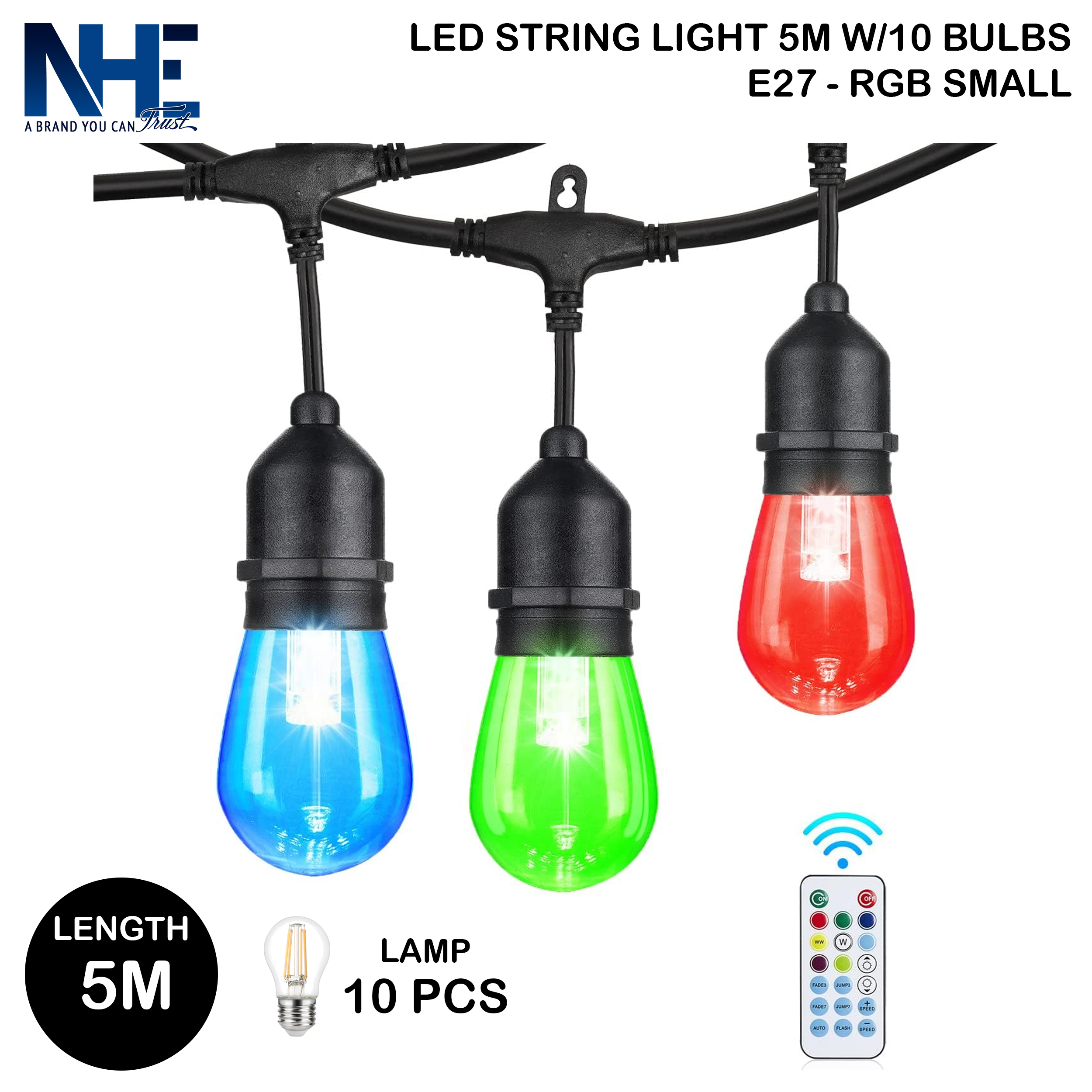 سلسلة مصابيح LED بطول 5 أمتار مع 10 لمبات E27 - RGB صغيرة