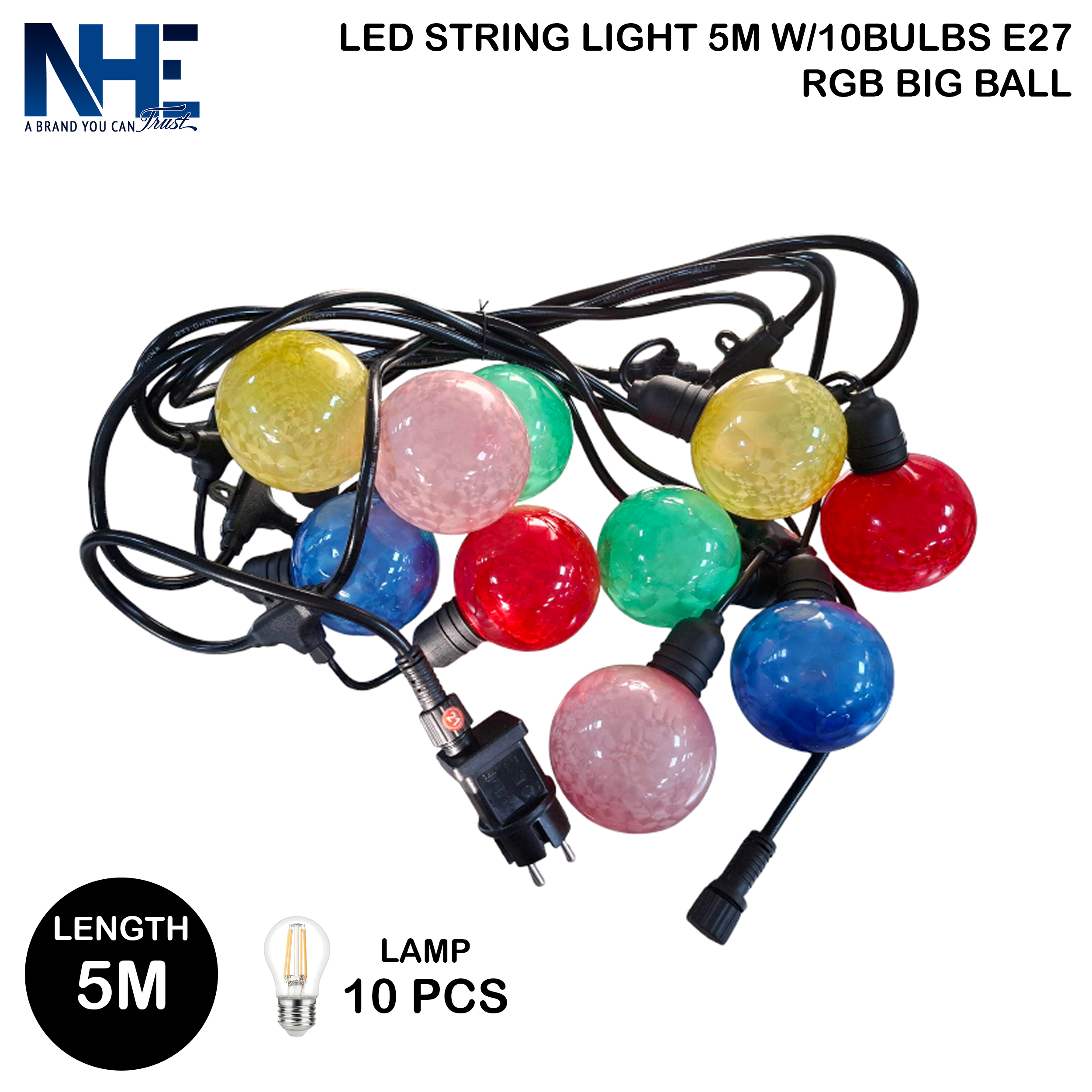 سلسلة مصابيح LED بطول 5 أمتار مع 10 لمبات E27 - كرة RGB كبيرة