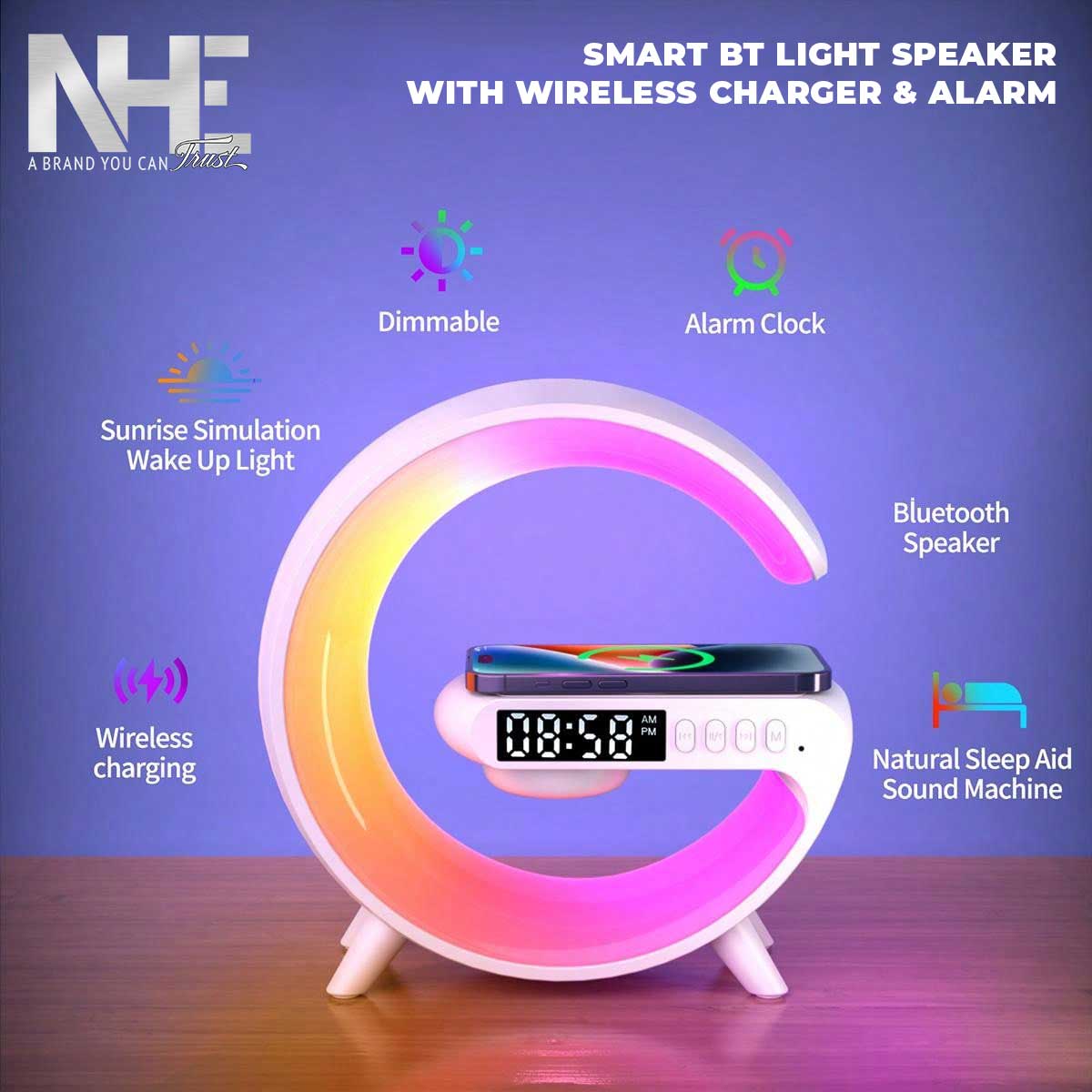 Smart BT Light Speaker With Wireless Charger & Alarm