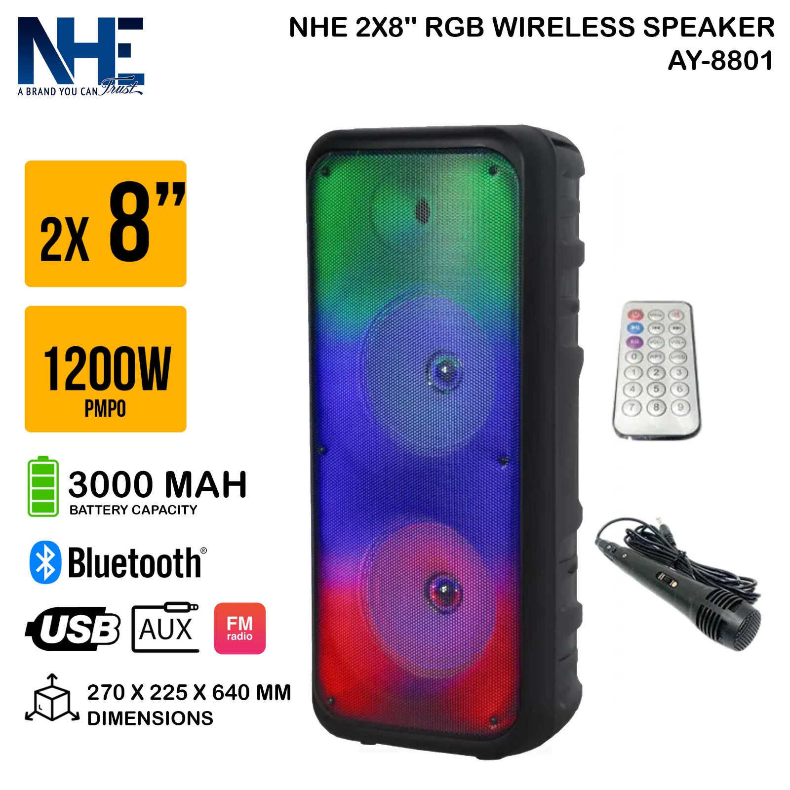 مكبر صوت لاسلكي إن إتش إي 2 × 8 بوصة آر جي بي AY-8801