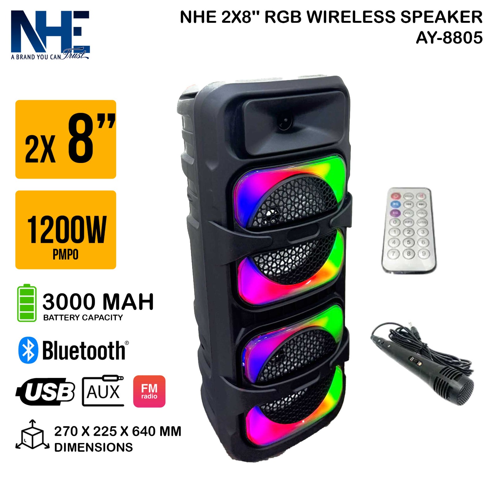 مكبر صوت لاسلكي إن إتش إي 2 × 8 بوصة آر جي بي AY-8805