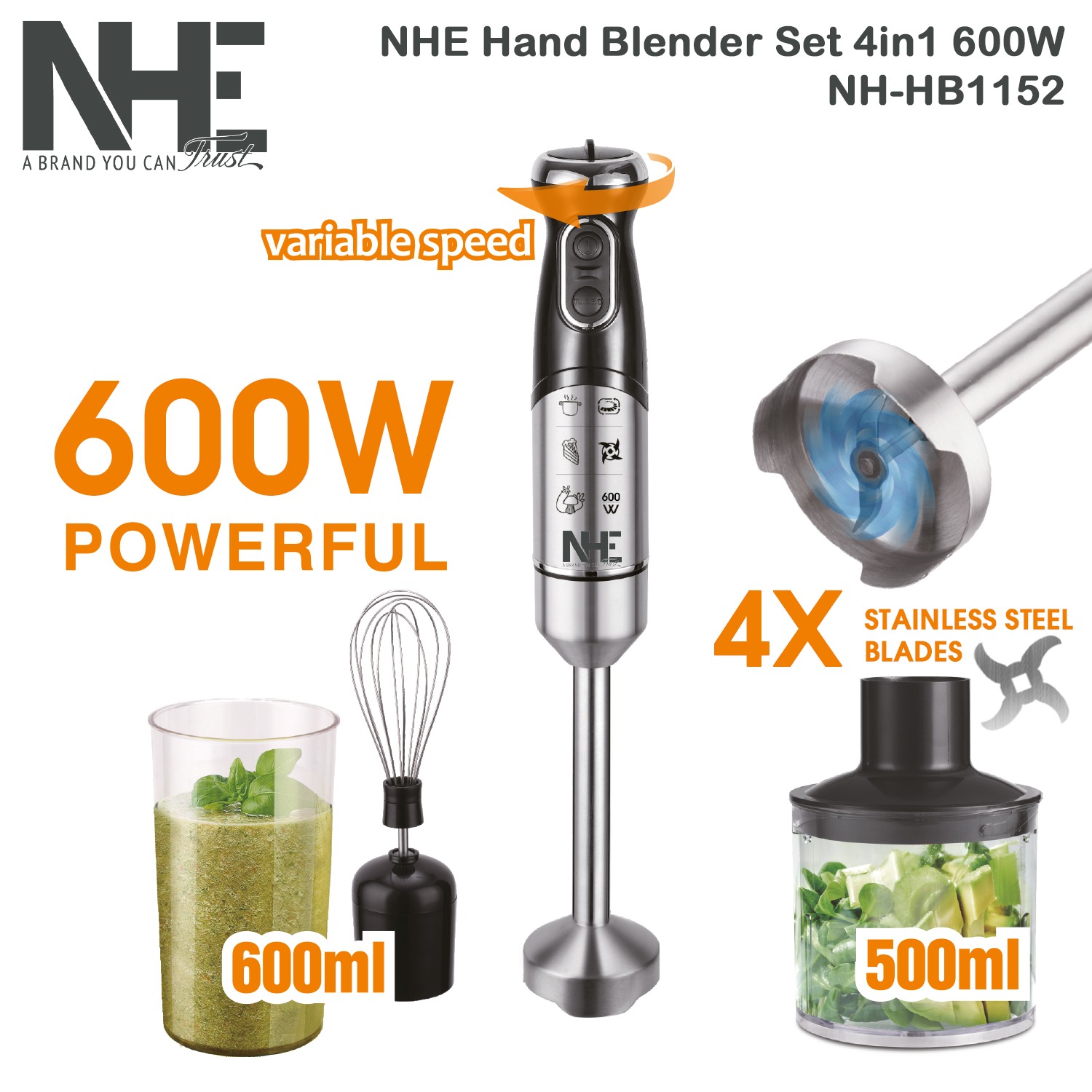 مجموعة خلاط يدوي  4 في 1 600 واط NH-HB1152